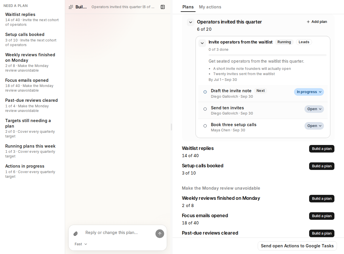 Ambitio Action with Draft the invite note in progress.
