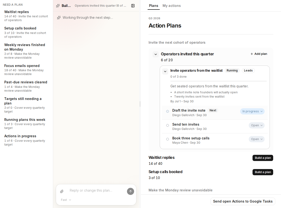 Ambitio Action Plans with Need a plan, the Builder, and Invite operators from the waitlist.