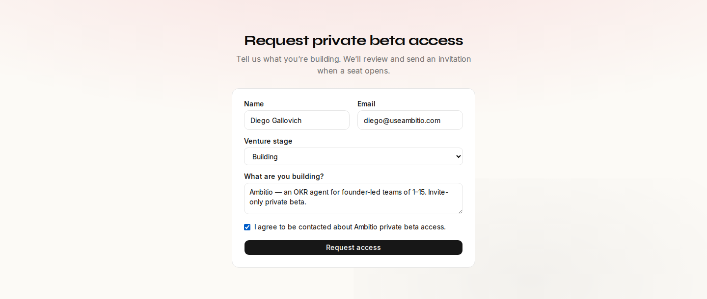 Ambitio private-beta waitlist form filled as Diego Gallovich for the Ambitio venture.