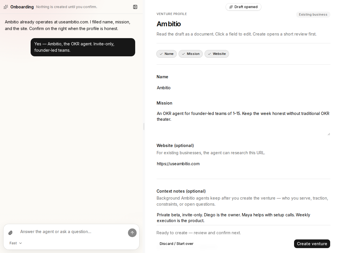 Onboarding workspace with Ambitio’s name, mission, and website on the venture profile.