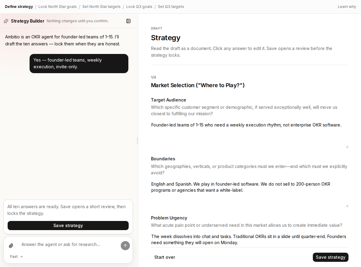 Ambitio Strategy Builder with the agent on the left and the ten-answer draft on the right.
