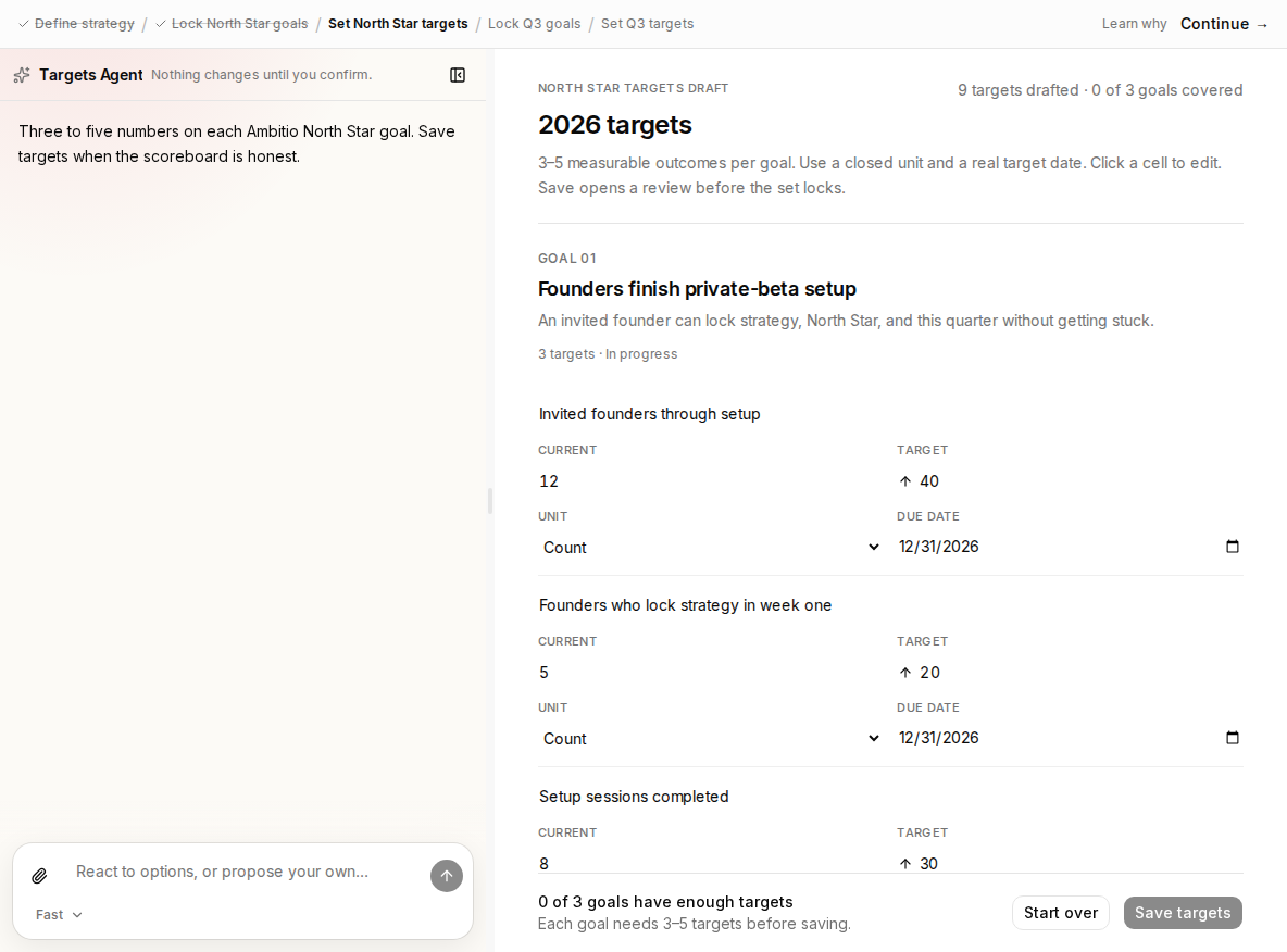 Ambitio Targets phase with numbers on each North Star goal and Save targets.